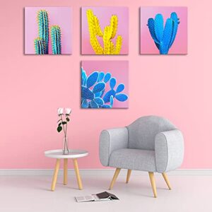 Cactus Wall Art Succulent Wall Decor Pink Bathroom Mexican Decor Pop Art Boho Colorful Home Decor Desert Plant Canvas Pictures Modern Artwork for Bedroom Living Room Kitchen Decorations 12x12” 4 Pcs