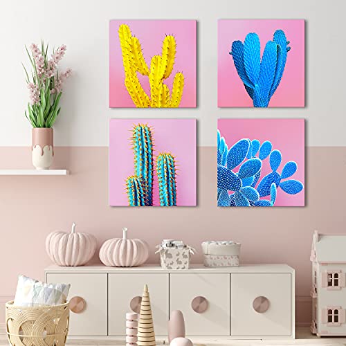 Cactus Wall Art Succulent Wall Decor Pink Bathroom Mexican Decor Pop Art Boho Colorful Home Decor Desert Plant Canvas Pictures Modern Artwork for Bedroom Living Room Kitchen Decorations 12x12” 4 Pcs