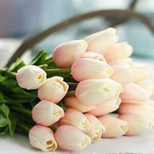 JOEJISN 30pcs Artificial Tulips Flowers Real Touch Pink Tulips Fake Holland PU Tulip Bouquet Latex Flowers for Wedding Party Office Home Kitchen Decoration (Light Pink)