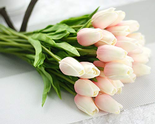 JOEJISN 30pcs Artificial Tulips Flowers Real Touch Pink Tulips Fake Holland PU Tulip Bouquet Latex Flowers for Wedding Party Office Home Kitchen Decoration (Light Pink)