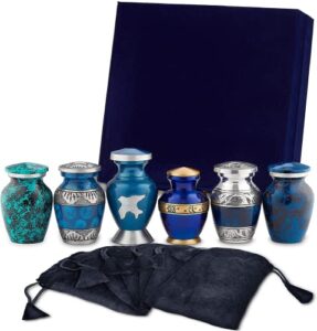 fedmax small urns for human ashes adult male or female – mini urns – cremation keepsakes with velvet box – memorial urn and ash storage (blue, 6 count (pack of 1))