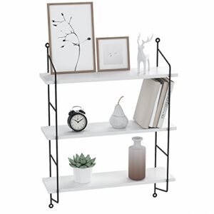 white floating shelves wall mounted 3-tier，storage and display rack for bathroom,kitchen, bedroom,living room,etc,sturdy wood and metal hanging shelf wall decor