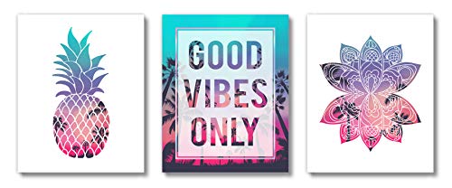 Brooke & Vine - Good Vibes Beach Teen Girl Room Wall Decor Art Prints - (UNFRAMED 8x10) VSCO Inspirational Wall Art, Motivational Quotes Posters for Kids, Tween Women Office Bedroom, Dorm, Desk (Pineapple Mandala Good Vibes Only)