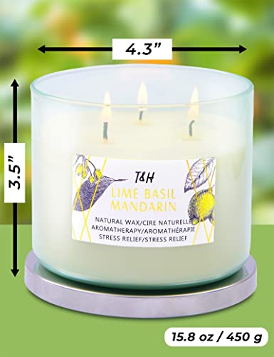 Lime Basil Mandarin 3 Wick Scented Candle with Sandalwood, Ginger & Sage | Natural Stress Relief Aromatherapy Candle 15.8 oz | Strong Scented Soy Candles for Home | Spring Candles for Men & Women