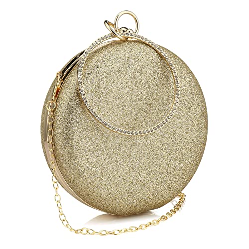 Women's Round Ball Clutch Rhinestone Ring Handle Designer Wristlets Handbag Purse Wedding Party Prom Evening Bag (Gold)