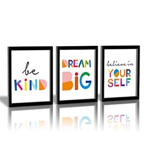 hpniub framed watercolor words inspirational quote art print set of 3 (8”x10”)-ready to hang-motivational typography canvas painting，believe in yourself- dream big- be kind print for classroom decor
