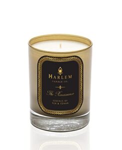 harlem candle company renaissance luxury scented candle in gold 12 oz glass jar, single wick, handpoured soy wax, gift box, scents of yuzu, cardamom, tonka bean, heliotrope and orchid blossoms