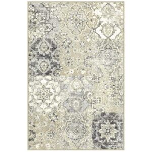 maples rugs vintage patchwork distressed 2’6 x 3’10 non skid washable throw rugs [made in usa] for entryway and bedroom, grey