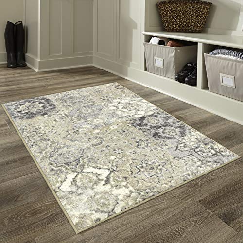 Maples Rugs Vintage Patchwork Distressed 2'6 x 3'10 Non Skid Washable Throw Rugs [Made in USA] for Entryway and Bedroom, Grey