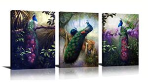 hlj art 3 panels modern peacock pictures canvas wall decor vintage wall art painting print on canvas for home and office lving room bedroom decoration
