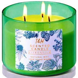 large citronella candles outdoor indoor candle made with natural soy and essential oils | 3 wick candle 80 hour burn | 15.8 oz highly scented aromatherapy candles for home | balcony & patio candle
