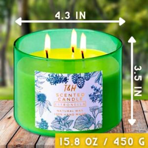 Large Citronella Candles Outdoor Indoor Candle Made with Natural Soy and Essential Oils | 3 Wick Candle 80 Hour Burn | 15.8 oz Highly Scented Aromatherapy Candles for Home | Balcony & Patio Candle