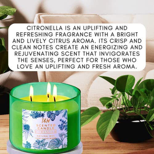 Large Citronella Candles Outdoor Indoor Candle Made with Natural Soy and Essential Oils | 3 Wick Candle 80 Hour Burn | 15.8 oz Highly Scented Aromatherapy Candles for Home | Balcony & Patio Candle