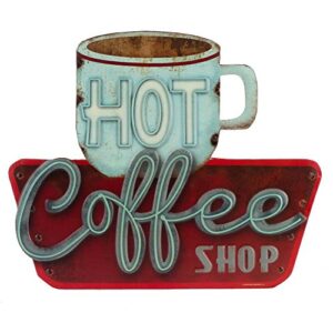 open road brands hot coffee shop embossed metal sign – vintage diner coffee sign for kitchen, office or coffee bar