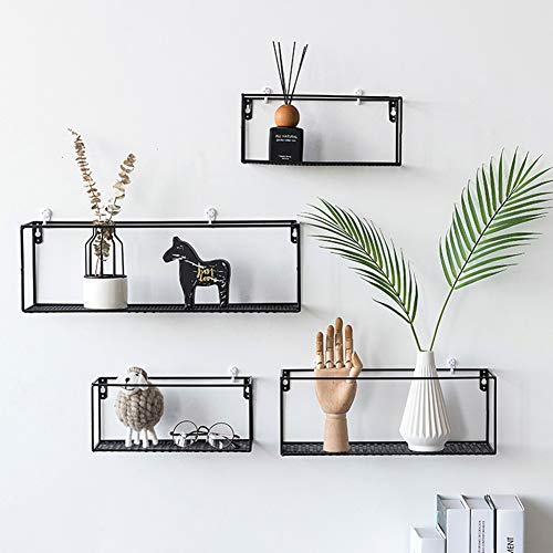 Floating Shelves Wall Mounted Wrought Iron Wall Shelf Room Racks Floating Box Shelf Home Deco Flower Frame Plant Holder Wall Hanging Organizer Display Shelf(M 39x14.5cm)