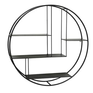 whw whole house worlds industrial round metal wall shelf, 4 levels, floating, scandi contemporary style, black iron, 29 inches diameter