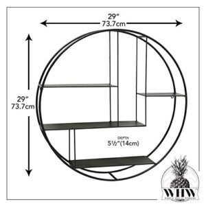 WHW Whole House Worlds Industrial Round Metal Wall Shelf, 4 Levels, Floating, Scandi Contemporary Style, Black Iron, 29 Inches Diameter