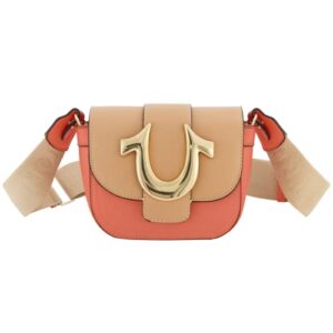 true religon women’s crossbody bag, mini flap adjustable shoulder handbag with horseshoe logo, tan