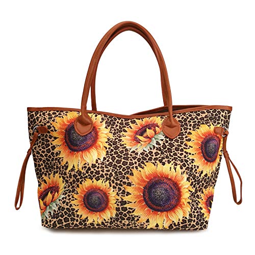 JIU HONG CHAO Large Tote Bag for Women Sunflower Purse Leopard Print Handbag Canvas Beach Bag Lightweigh Tote with Faux Leather Handle Cheetah Gifts for Women…