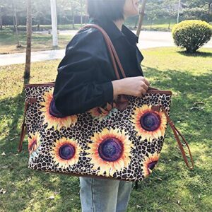 JIU HONG CHAO Large Tote Bag for Women Sunflower Purse Leopard Print Handbag Canvas Beach Bag Lightweigh Tote with Faux Leather Handle Cheetah Gifts for Women…