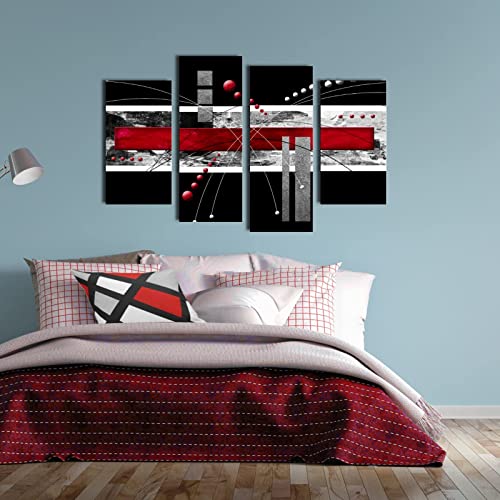 YPY Large Black Red Canvas Wall Art - 4 Panels Modern Abstract Picutre Set for Home Decoration - Contemporary Painting Artwork Ready to Hang Living Room Bedroom W48 x H36