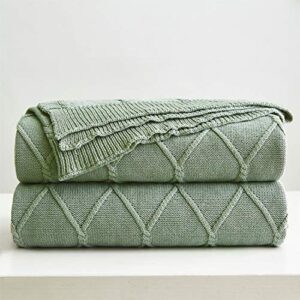 100% cotton sage green cable knit throw blanket for couch, sofa with bonus laundering bag for couch sofa bed – lightweight 50 x 63, extra cozy, machine washable, home décor