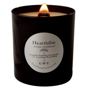 hearthfire – sandalwood scented soy candle infused w/natural oils w/ wood wick- dark sweet creamy aromatherapy – hand poured in the usa in glossy black jar w/ lid