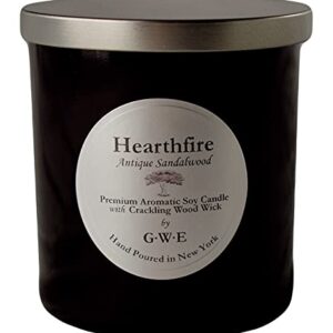 Hearthfire - Sandalwood Scented Soy Candle Infused w/Natural Oils w/ Wood Wick- Dark Sweet Creamy Aromatherapy - Hand Poured in The USA in Glossy Black Jar w/ Lid
