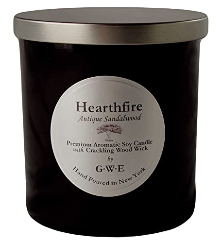 Hearthfire - Sandalwood Scented Soy Candle Infused w/Natural Oils w/ Wood Wick- Dark Sweet Creamy Aromatherapy - Hand Poured in The USA in Glossy Black Jar w/ Lid