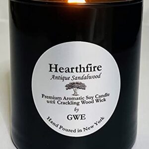 Hearthfire - Sandalwood Scented Soy Candle Infused w/Natural Oils w/ Wood Wick- Dark Sweet Creamy Aromatherapy - Hand Poured in The USA in Glossy Black Jar w/ Lid