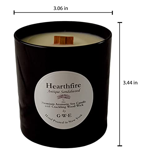 Hearthfire - Sandalwood Scented Soy Candle Infused w/Natural Oils w/ Wood Wick- Dark Sweet Creamy Aromatherapy - Hand Poured in The USA in Glossy Black Jar w/ Lid