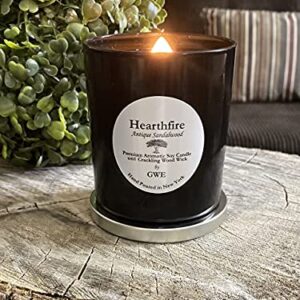 Hearthfire - Sandalwood Scented Soy Candle Infused w/Natural Oils w/ Wood Wick- Dark Sweet Creamy Aromatherapy - Hand Poured in The USA in Glossy Black Jar w/ Lid