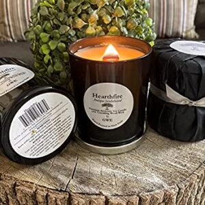 Hearthfire - Sandalwood Scented Soy Candle Infused w/Natural Oils w/ Wood Wick- Dark Sweet Creamy Aromatherapy - Hand Poured in The USA in Glossy Black Jar w/ Lid