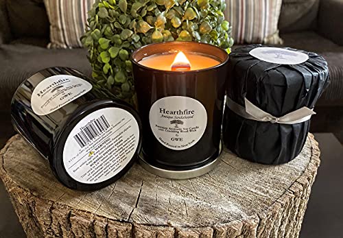 Hearthfire - Sandalwood Scented Soy Candle Infused w/Natural Oils w/ Wood Wick- Dark Sweet Creamy Aromatherapy - Hand Poured in The USA in Glossy Black Jar w/ Lid