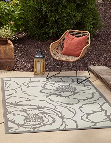 Unique Loom Botanical Collection Floral, Bohemian, Border, Coastal, Indoor and Outdoor Area Rug, 2 ft 2 in x 3 ft, Gray/Light Gray