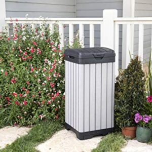 Keter Rockford Resin 38 Gallon Trash Can with Lid and Drip Tray for Easy Cleaning-Perfect for Patios, Kitchens, and Outdoor Entertaining, Grey