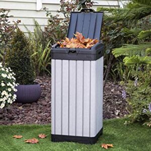 Keter Rockford Resin 38 Gallon Trash Can with Lid and Drip Tray for Easy Cleaning-Perfect for Patios, Kitchens, and Outdoor Entertaining, Grey