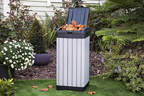 Keter Rockford Resin 38 Gallon Trash Can with Lid and Drip Tray for Easy Cleaning-Perfect for Patios, Kitchens, and Outdoor Entertaining, Grey