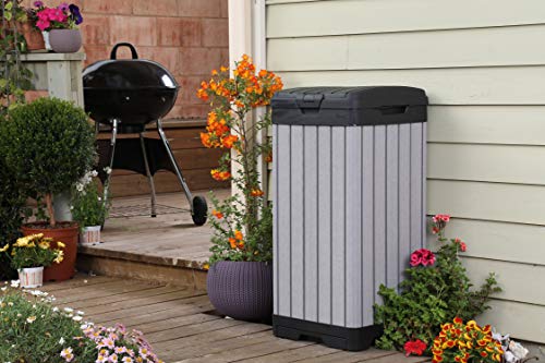 Keter Rockford Resin 38 Gallon Trash Can with Lid and Drip Tray for Easy Cleaning-Perfect for Patios, Kitchens, and Outdoor Entertaining, Grey