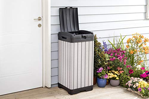 Keter Rockford Resin 38 Gallon Trash Can with Lid and Drip Tray for Easy Cleaning-Perfect for Patios, Kitchens, and Outdoor Entertaining, Grey