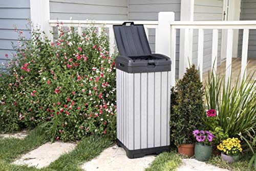 Keter Rockford Resin 38 Gallon Trash Can with Lid and Drip Tray for Easy Cleaning-Perfect for Patios, Kitchens, and Outdoor Entertaining, Grey