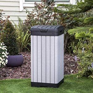 Keter Rockford Resin 38 Gallon Trash Can with Lid and Drip Tray for Easy Cleaning-Perfect for Patios, Kitchens, and Outdoor Entertaining, Grey