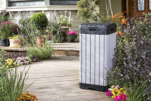 Keter Rockford Resin 38 Gallon Trash Can with Lid and Drip Tray for Easy Cleaning-Perfect for Patios, Kitchens, and Outdoor Entertaining, Grey