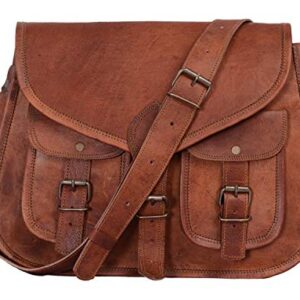 KPL 14 Inch Leather crossbody bags Purse Women Shoulder Bag Satchel Ladies Tote Travel Purse full grain Leather (Tan Brown)