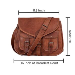 KPL 14 Inch Leather crossbody bags Purse Women Shoulder Bag Satchel Ladies Tote Travel Purse full grain Leather (Tan Brown)