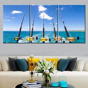 canvas wall art row of five fishing rod and reel pictures blue seascape paintings for living room giclee fishing tackle artwork hd prints modern home decor framed stretched ready to hang(60”wx28”h)