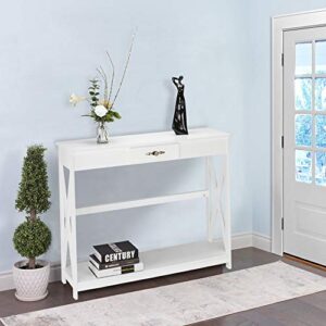 bonnlo white entryway table with drawer and shelf, slim console tables with storage, farmhouse sofa tables for living room, hallways, foyer, 39.4”w x 11.8”d x 31.7”h