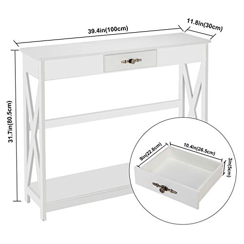 Bonnlo White Entryway Table with Drawer and Shelf, Slim Console Tables with Storage, Farmhouse Sofa Tables for Living Room, Hallways, Foyer, 39.4”W x 11.8”D x 31.7”H