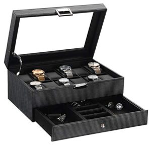 bewishome watch box organizer with valet drawer – real glass top, adjustable tray, metal hinge, carbon fiber design – 12 slots watch storage case for men, black ssh02c