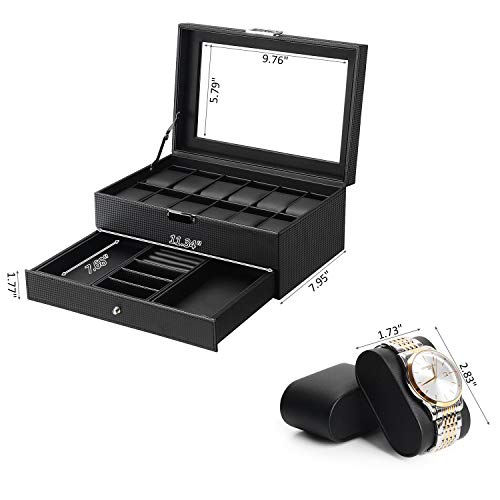 BEWISHOME Watch Box Organizer with Valet Drawer - Real Glass Top, Adjustable Tray, Metal Hinge, Carbon Fiber Design - 12 Slots Watch Storage Case for Men, Black SSH02C